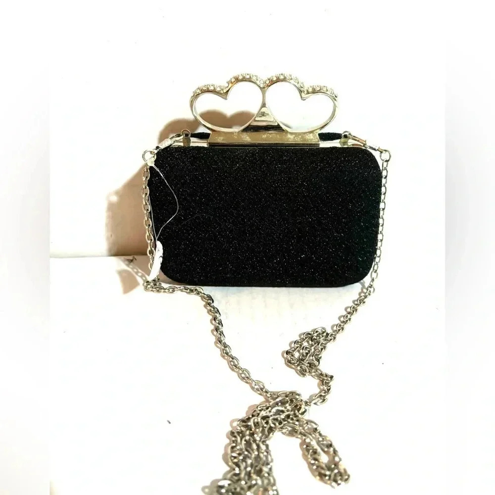 Handcrafted black evening embroidered with small crystals, crossbody clutch bag